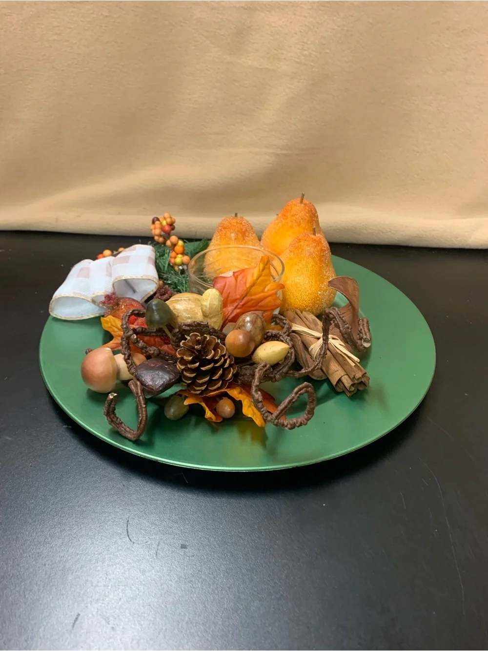 Home Holiday Green Decorative Centerpiece Plate with Autumn Accents
